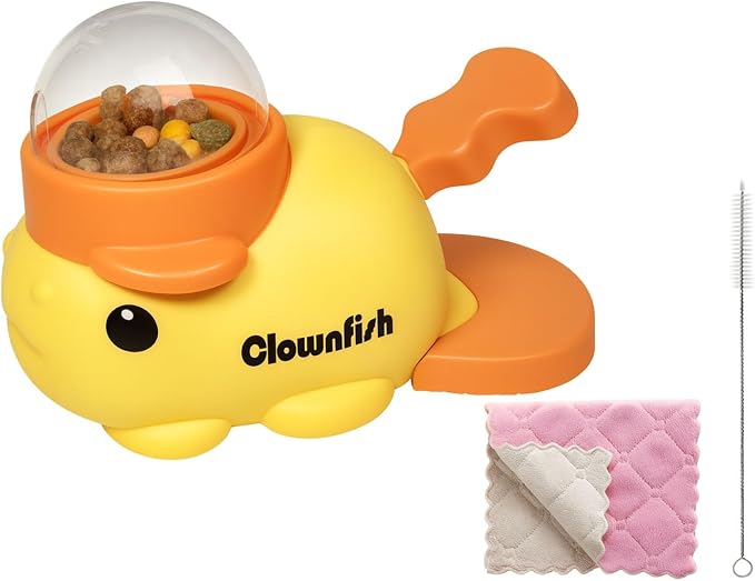 Interactive Clownfish Dog Treat Dispenser Toy with Spinning Tail, Puzzle Slow Feeder for Dogs & Cats, Treat Dispensing Food Puzzle Feeder, Includes Cleaning Cloth & Brush (Yellow)