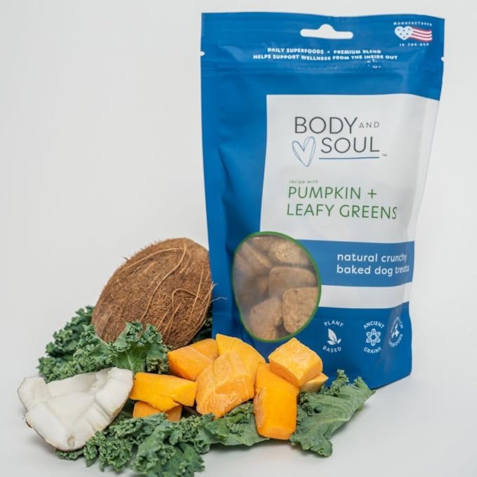 Body and Soul Pumpkin + Leafy Greens Crunchy Dog Treats – Superfood Biscuits Baked with Oats, Barley & Quinoa – All-Natural Plant Based Clean Protein, No Additives or Fillers – Made in USA, 10oz