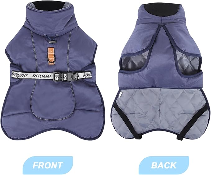 DoggieKit Dog Winter Coat, Waterproof Warm Jacket with Harness Built in, Reflective Cold Weather Doggie Vest, Windproof Turtleneck Pet Snowsuit, Adjustable Puffer Jacket for Medium Dogs, Navy XL