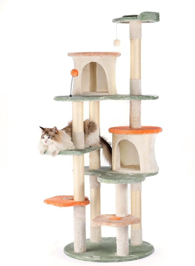 HYABi 63-inch Cat Tree for Large Cats, Multi-Level Flower Tower with Condo, Sisal Scratching Posts & Toy Balls, Sturdy & Safe Indoor Playhouse