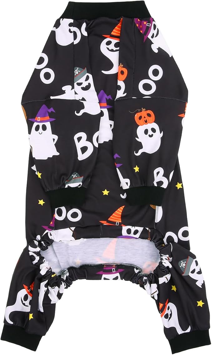 HDE Dog Pajamas One Piece Jammies Jumpsuit Pet Clothes Outfit Stretchy Lightweight Comfy Shirt Pjs for M-3XL Dogs Cute Ghosts - XL