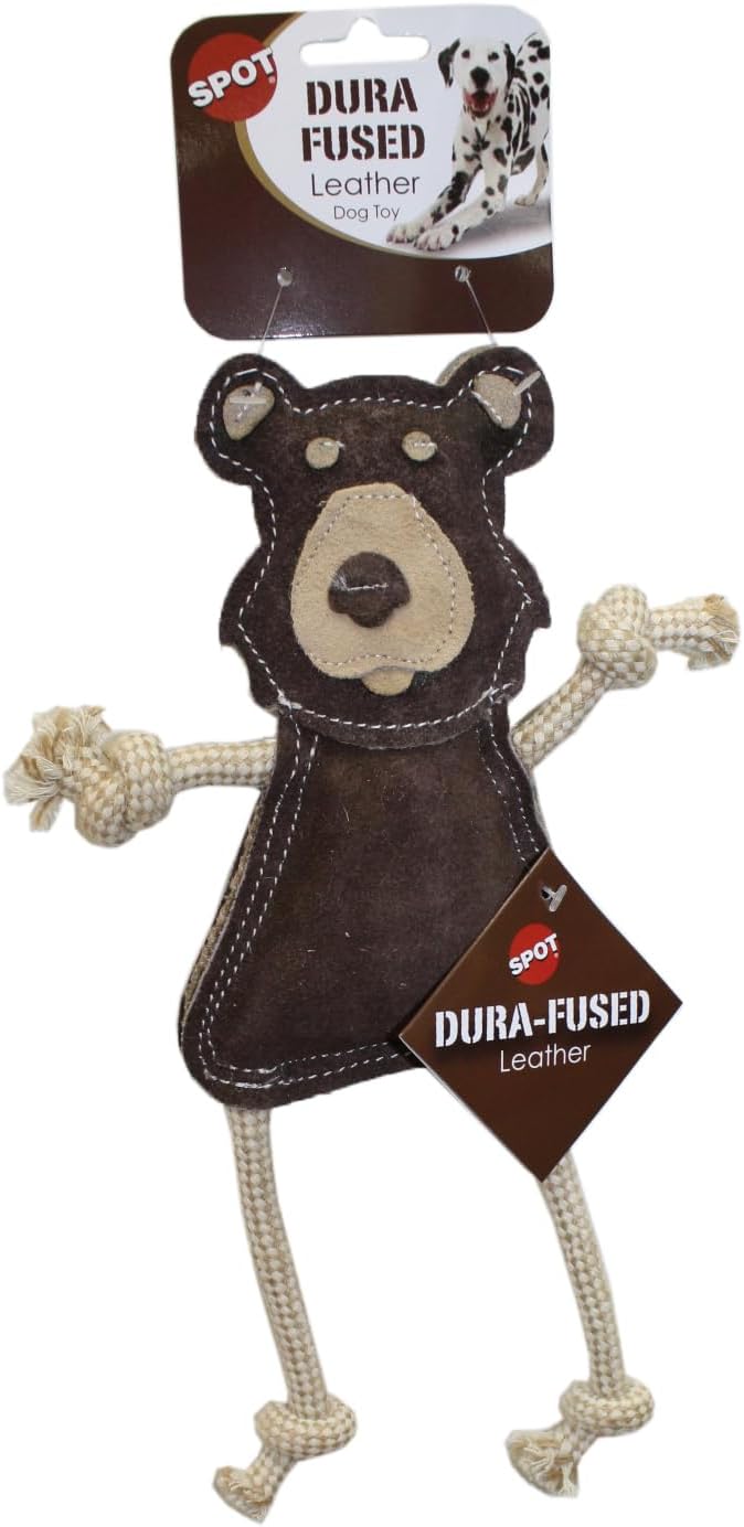 SPOT Dura-Fused Leather Forest Animals - Dog Toy with Squeaker and Rope Limbs, Real Leather and Jute Chew Toy, Durable No-Stuffing Toy For Light to Moderate Chewers - 14in, Assorted Styles, 1 Piece