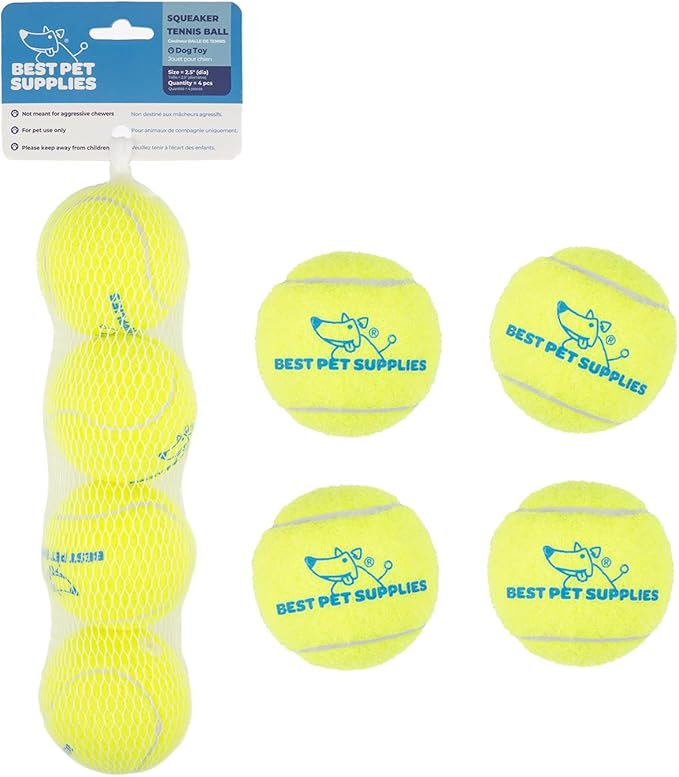 Best Pet Supplies Interactive Squeaky Dog Chew Toy, Ideal Dog Toys for Chewers, Small, Medium & Large Dogs, and Fetch Lovers - Tennis (Yellow), Medium (Pack of 4)