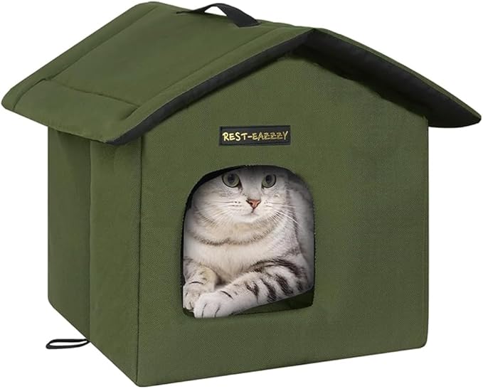 Rest-Eazzzy Cat House for Outdoor Cats, Weatherproof and Insulated Feral Cat House with Mat and Clip, Easy to Put Together, Selfwarming Cat Shelter for Winter(Olive Green, Canopy House X 1)