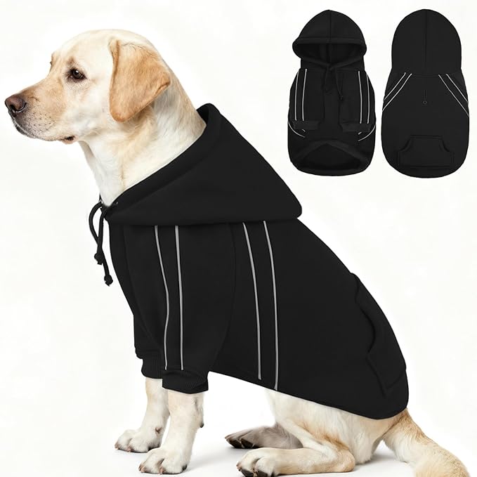 ASENKU Cozy Dog Hoodie，Soft Sweater with Adjustable Hood, Back Pocket and Leash Access Hole，Warm Reflective Sweatshirt for Cold Weather（Black，2XL