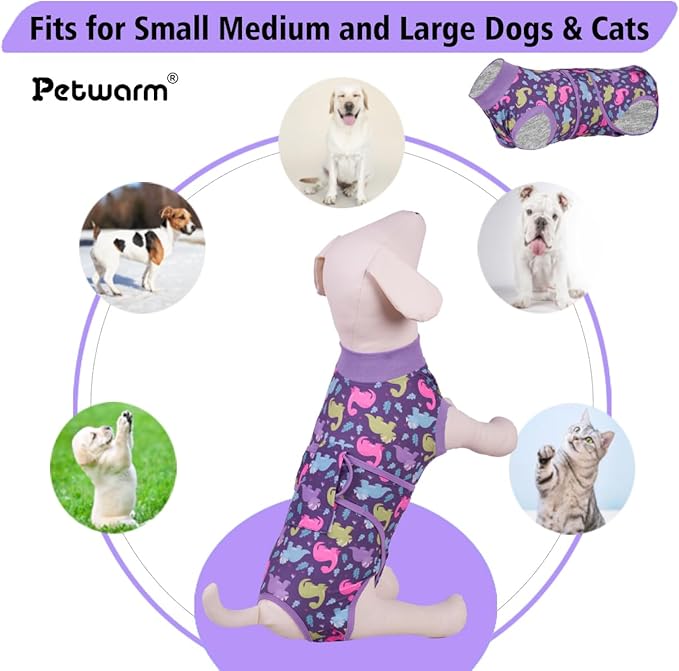 PetWarm Post Neuter Surgery Suit for Dogs Male, Dog Coat's Inner Clothes, Substitute E-Collar and Cone, Dog Onesies Pet Surgery Recovery Suit for Dogs, Dinosaur Pattern, Purple, XL