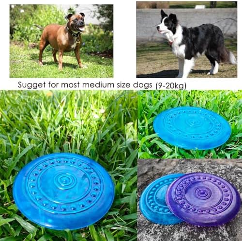 Dog Flying Discs Soft Teeth Cleanning Chew Toys,Rubber Material, Durable, Indestructible,2 Pack,18.5cm,90g,Blue and Purple Colors for Puppies Small Medium Dog Outdoor Training.