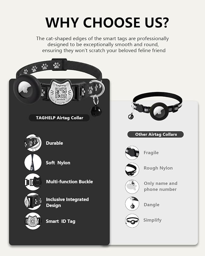 Cat Collar with AirTag Holder, QR Code Tag and Bell (Pink, Paw Pattern)