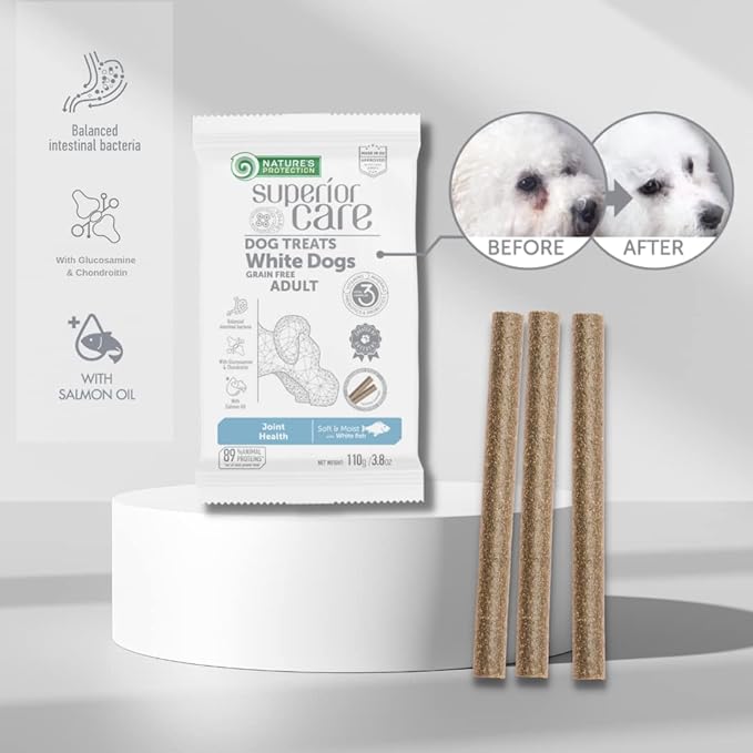 Nature's Protection Dog Treats for Small, Medium & Large Breed - Grain Free Hip & Joint Snack for Adult Dogs with Light Fur, 3.8 oz (Superior Care - White Fish, Pack of 7)