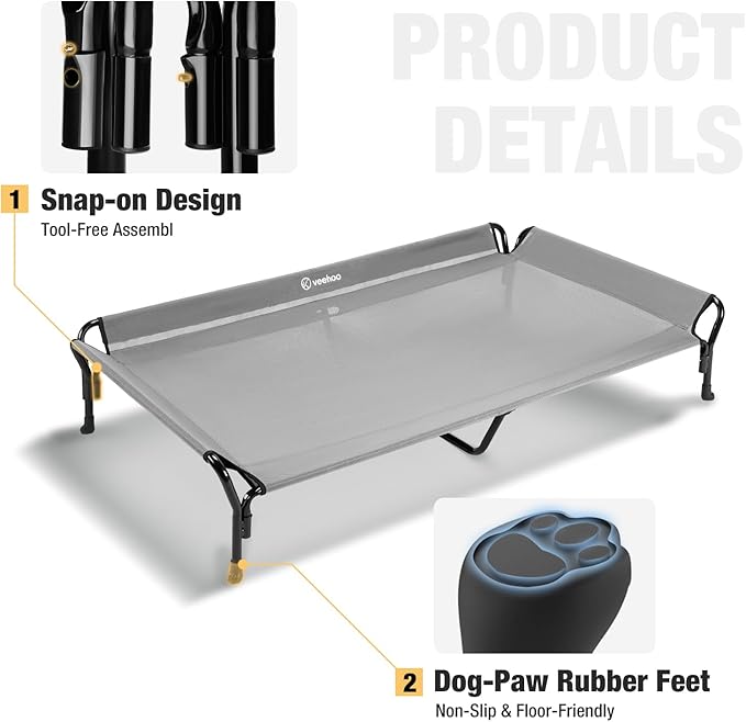 Veehoo Cooling Elevated Dog Bed, Guardrail Raised Pet Cot, Indoor & Outdoor XXL Pet Bed with Washable & Breathable Teslin Mesh, Non-Slip Feet, Dog Couch Bed, 62.5" x 37", Grey