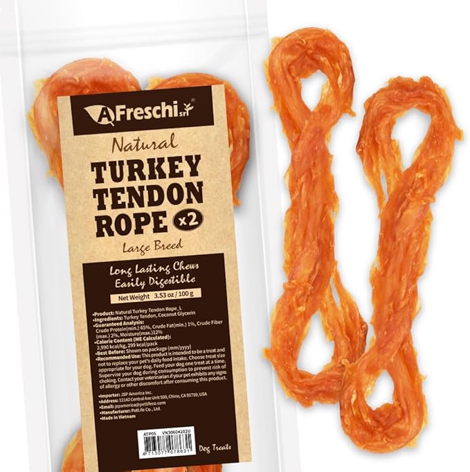 AFreschi Turkey Tendons for Dogs, USA-Sourced, Healthy Dog Treats, Rawhide-Free Puppy Chews, Long Lasting, All Natural, Hypoallergenic Dog Treats for Large Breeds, 2 Count Pack Rope (L)