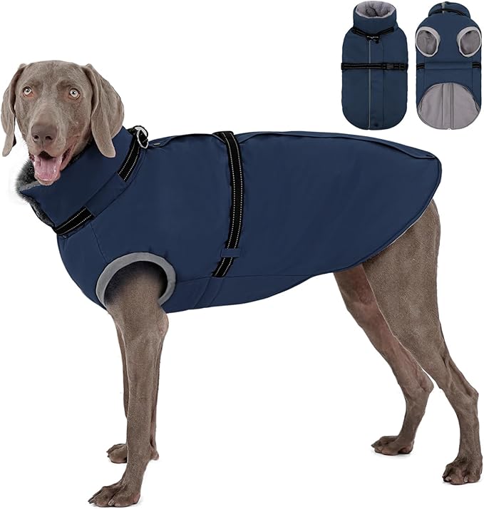 AOFITEE Dog Jacket, Large Dog Coat with Harness Built in, Warm Fleece Lined Pet Winter Jacket with Zipper & Furry Collar, Waterproof Pet Snow Coat Snowsuit for French Bulldog, Blue L