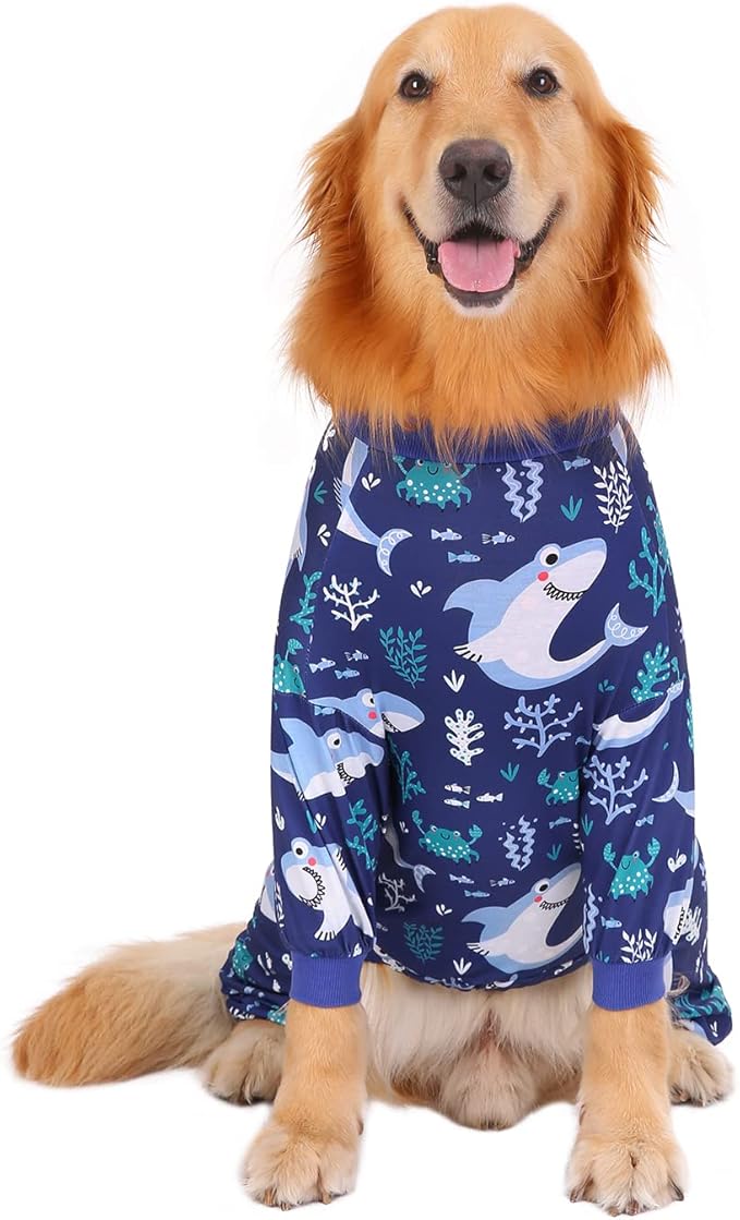 HDE Dog Pajamas One Piece Jammies Jumpsuit Pet Clothes Outfit Stretchy Lightweight Comfy Shirt Pjs for M-3XL Dogs Sharks - M