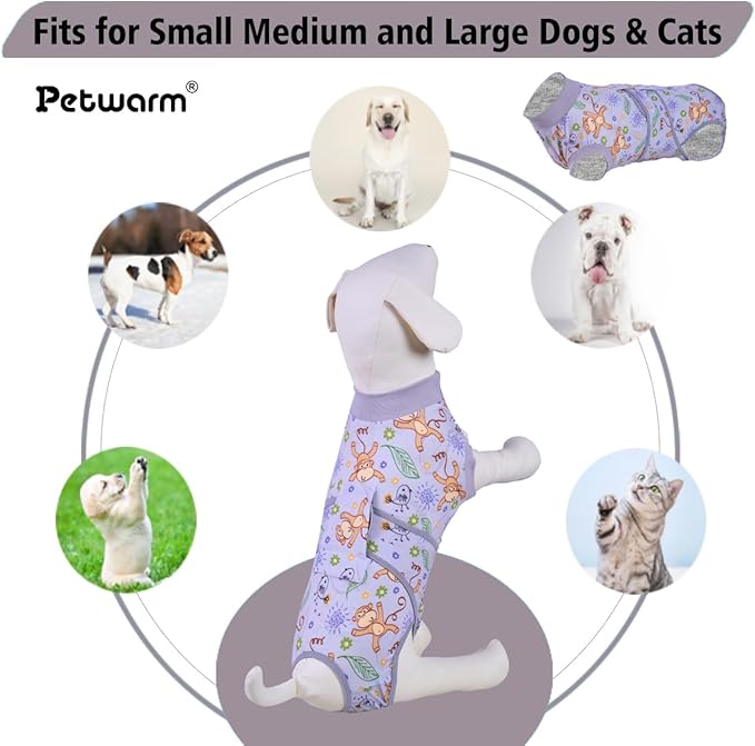 PetWarm Recovery Suit for Dogs, Dog Surgical Recovery Suit Female and Male, Dog Onesie for Surgery, Anti-Licking Dog Surgery Recovery Suit, Monkey Pattern, Grey, 2XL
