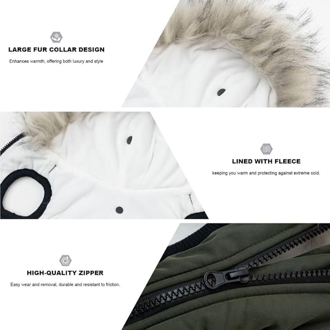 PINA Dog Coat with Built in Harness, Dog Jacket with Faux Fur Hood, Dogs Vest with Reflective Strap for Small Medium Large Dogs, Green, S