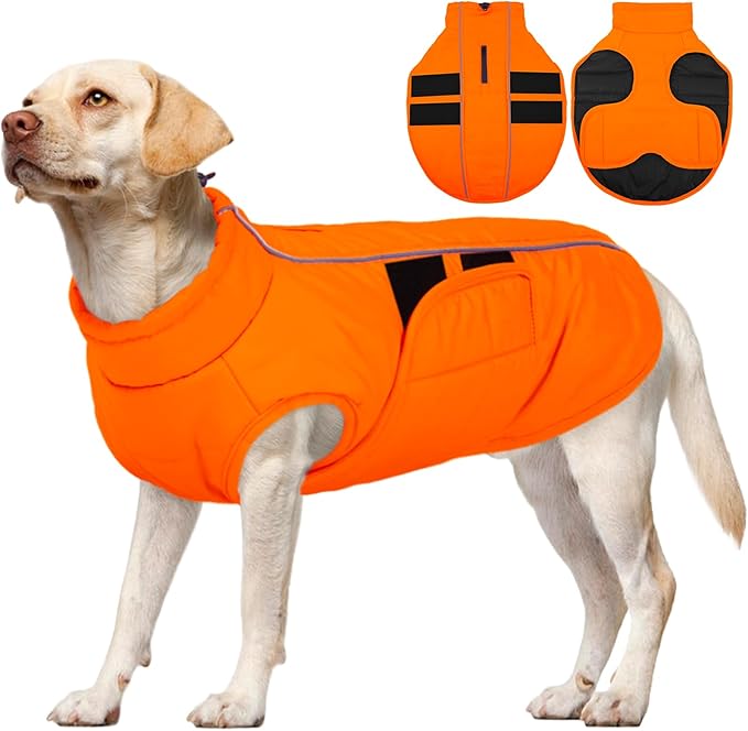 Kuoser Dog Jacket, Dog Coats for Large Dogs Winter Waterproof, Reflective Doggie Vest with Leash Hole, Cold Weather Coats Pet Snow Jacket for Labrador Beagle, Warm Hunting Vest, Orange XL