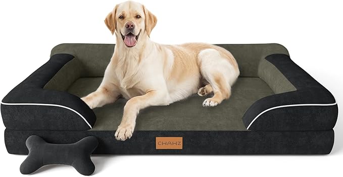Jumbo Dog Bed for Extra Large Dogs, Orthopedic Dog Bed with Cooling Gel Memory Foam, Waterproof Pet Bed with Removable Washable Cover, 45" Pet Sofa Couch Dutch Velvet with Bone Toy, Black