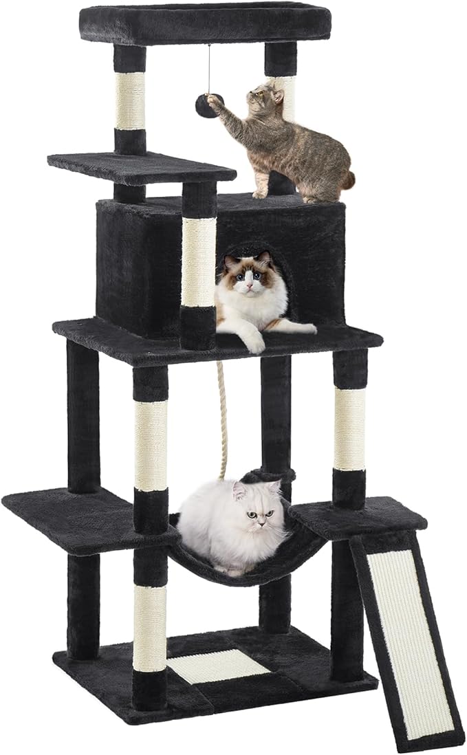 ABCPET Cat Tree Tower 63in Multi-Level Cat Tower for Indoor Cats with Sisal Scratching Posts, Condo, Hammock, Dangling Ball and Extended Platform for Cats to Play, Black