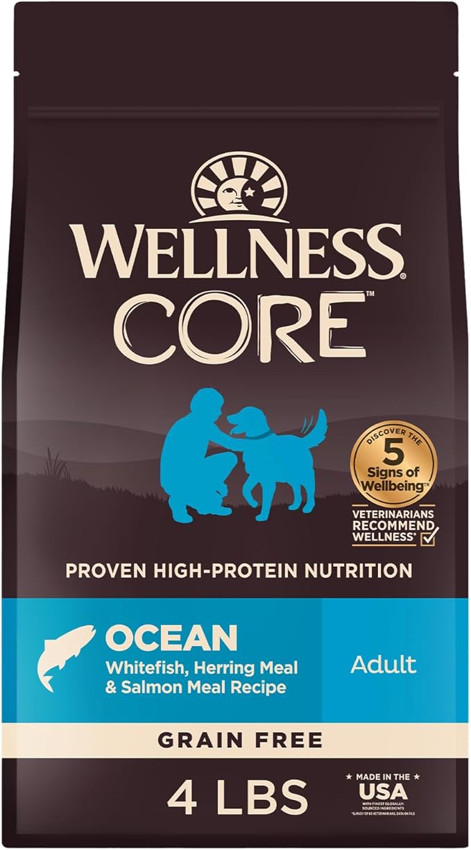 Wellness CORE Dry Dog Food, Grain-Free, High Protein, Natural, Ocean Whitefish, Herring, & Salmon Recipe, (4-Pound Bag)
