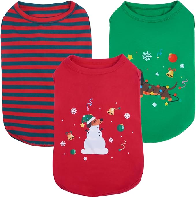3 Pack XSmall Christmas Snowman Print Dog Shirt,Lightweight Sleeveless Vest,Winter Puppy Clothes Indoor Wear,Soft Breathable for Sensitive Skin,Free Movement (Red&Green,XS)