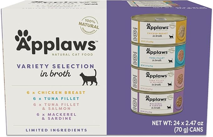 Applaws Natural Wet Canned Cat Food, Limited and Natural Ingredients, High Protein with No Artificial Additives, Variety Selection in Broth (24 x 2.47 oz Cans)