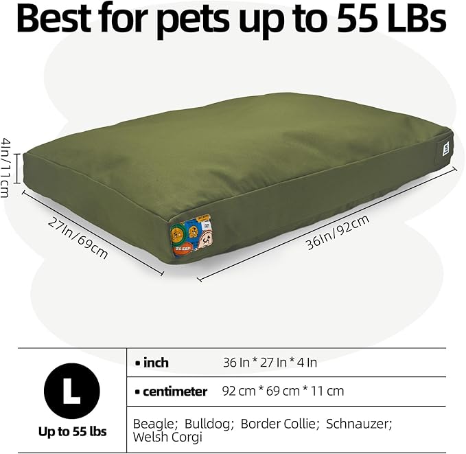 Sytopia 36'' Canvas Indestructible Outdoor Dog Bed with Waterproof Washable Removable Cover for Large and Medium Dogs, Indoor and Patio Pet Pad, Green