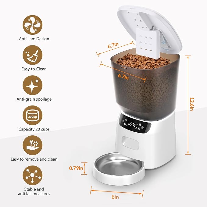 Automatic Cat Feeder, Cat Food Dispenser with Stainless Steel Bowl, Timed Portion Control 20 Portions 6 Meals Per Day, Voice Recorder, Dual Power Supply for Small Dogs (White)