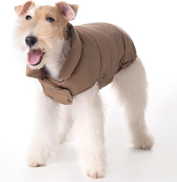 SPACE LION Dog Puffer Jacket, Down Winter Coat, Durable Outdoor Coat for Cold and Windy Conditions, Lightweight & Adjustable Fit Coats for Small & Medium Dogs, (Camel, Size 12 Gift Box)