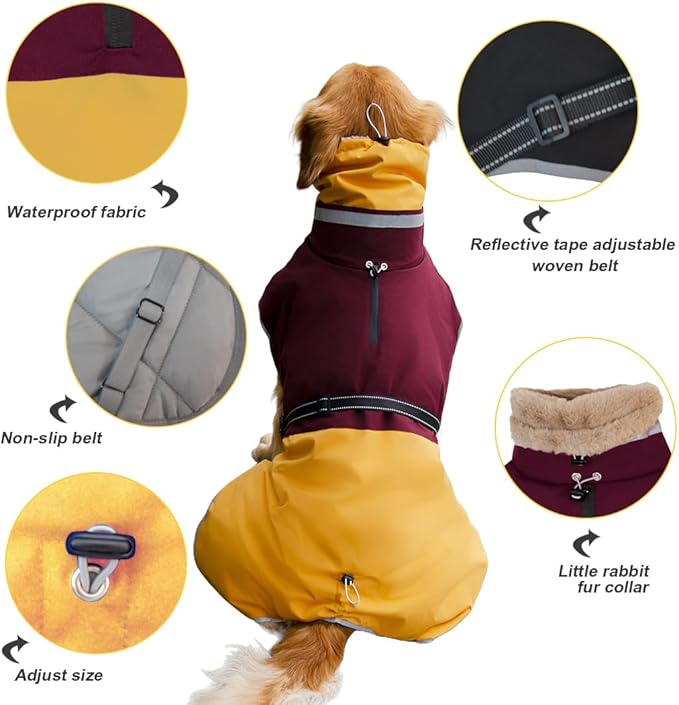 Waterproof Dog Winter Coat, Reflective Turtleneck Fleece Jacket with Snow Protection for Large Dogs, Cold Weather Pet Clothing (Yellow, 5XL)