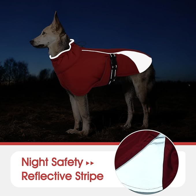Dog Coat for Small to Large Dogs – Water Resistant Jacket with Soft Fleece Lining, Adjustable Fit and Reflective Trim Red S