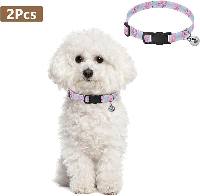2 Pack Pet Collar Cherry Blossom Trees Blue Dog Collar with Bell, Adjustable 10.6 to 17.1 Inches