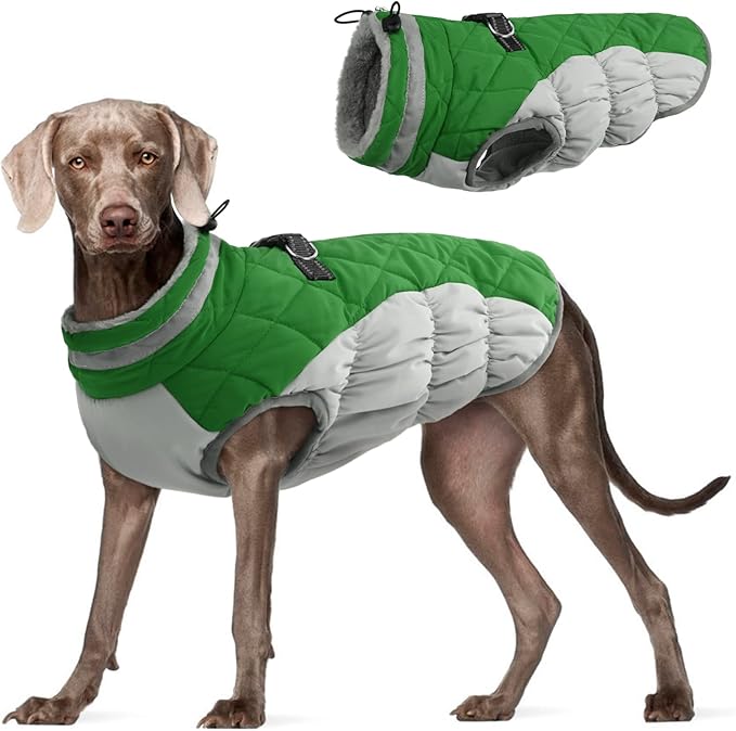 FUAMEY Dog Coat for Large Dogs,Waterproof Dog Winter Jacket with Harness Built in Puppy Cold Weather Coats Reflective Pet Vest with Zipper Warm Fleece Dogs Snowsuit Windproof Green XXL