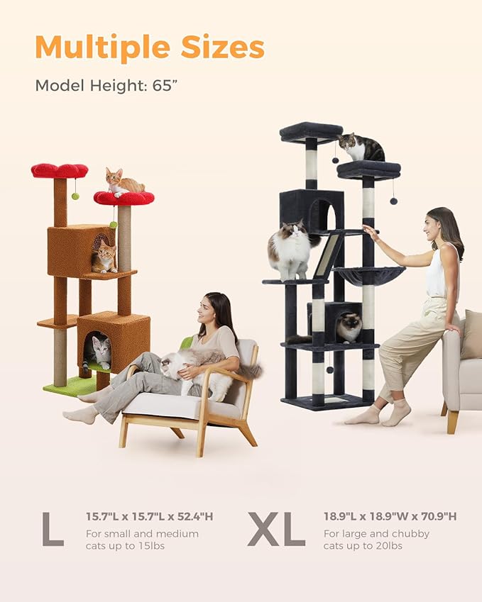 MUTTROS Cat Tree for Indoor Cats, 52.4" Tall Cat Tower with 2 Flower Perches, 2 Cozy Condos & 2 Sisal Scratching Posts - Multi-Level Kitty Climbing Furniture, Pet Playhouse for Adult Cats, Brown/Red