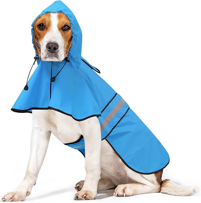 Waterproof Hooded Dog Raincoat - Adjustable Reflective Pet Jacket, Lightweight Dog Slicker Poncho for Small to X- Large Dogs and Puppies (Blue, Large)