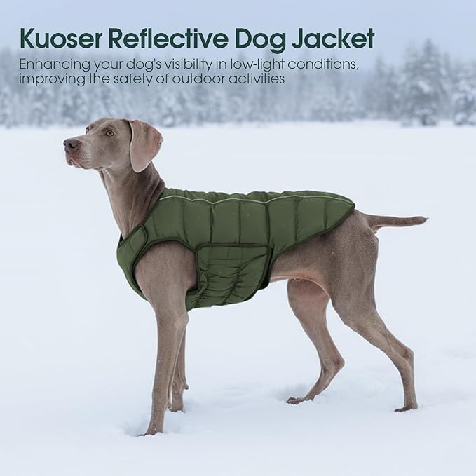 Kuoser Dog Puffer Jacket Warm Dog Coat for Medium Large Dogs, Windproof Reflective Pet Padded Vest Cold Weather Clothes Puppy Snowsuit with Hook & Loop Coats, Easy On/Off, Green L