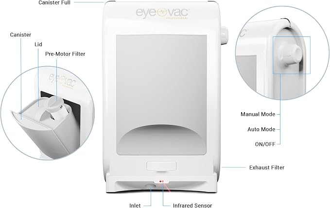 EyeVac Pro Touchless Vacuum Automatic Dustpan - Ultra Fast & Powerful - Great for Sweeping Salon Pet Hair Food Dirt Kitchen, Corded Canister Vacuum, Bagless, Automatic Sensors, 1400 Watt (White) | Durable Plastic Housing, Bagless Canister, Infrared Sen...