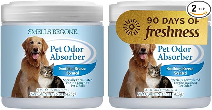 SMELLS BEGONE 15oz Gel Pet Odor Eliminator - Absorb & Remove Strong Odors from Pets, Cat Litter, Dog Poop, Urine Smells - Eliminate Whole Home Odors with Essential Oils (Soothing Breeze, 2-Pack)