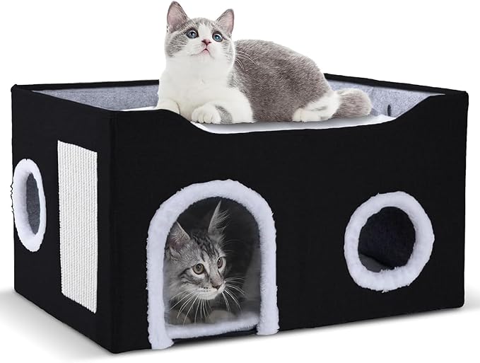 Gosipeya Cat House for Indoor Cats – Foldable Cat Cave & Covered Cat Bed, Cozy Hideaway for Small Pets and Large Cats (23.6"x16"x12.8"),Black