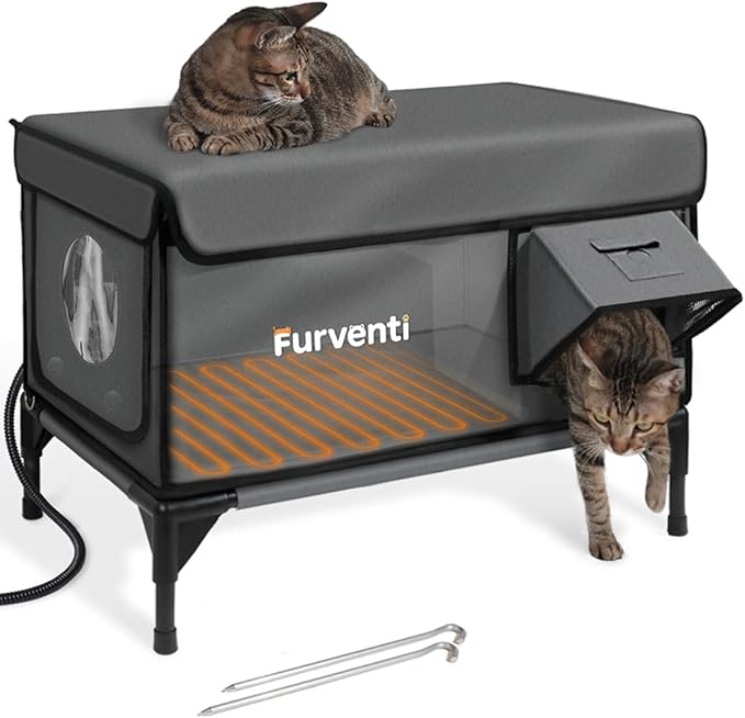 Outdoor Heated Cat House in Winter,Extremely Insulated & Weatherproof,Elevated Feral Cat Shelter with Waterproof Eaves & Escape Door for Outside Stray Barn Cat (Dark Grey,L)