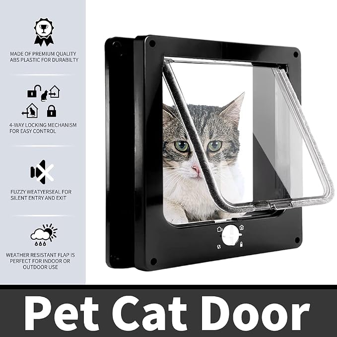 EASY JOY Cat Doors(Outer Size 10.6" x 9.2"), 4-Way Locking Cat Door for Interior Exterior Doors, Weatherproof pet Door with Magnet for Cat or Dog < 21.5 inches in Girth(Black L)