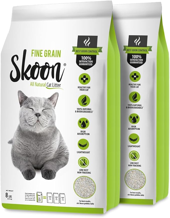 Skoon All Natural Cat Litter (2 Bags) - Fine Grain - Lightweight, Low Tracking, Non-Clumping Diatom Pebbles Absorb, Lock, and Seal Waste for Best Odor Control - Self-Cleaning Box Compatible