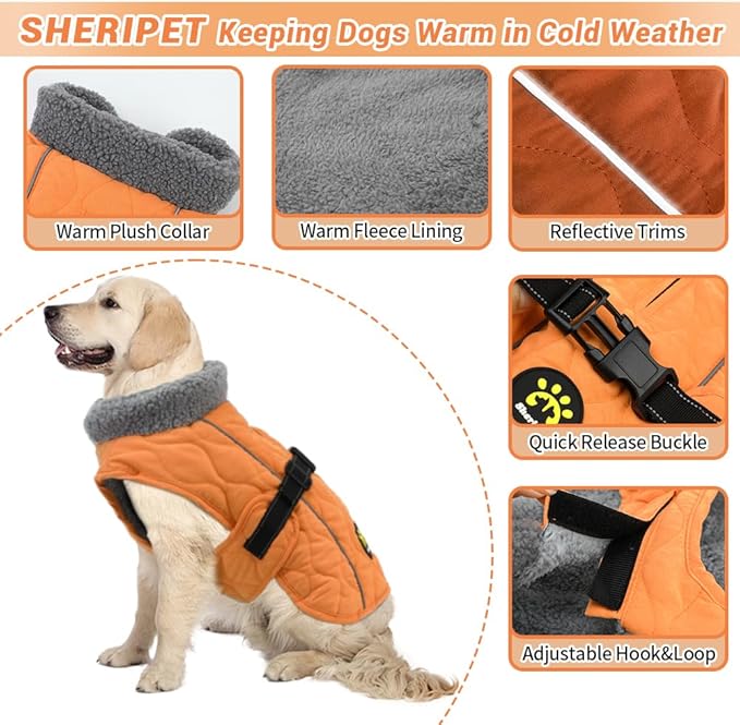Dog Coats, Fleece Lining Winter Coats for Dogs, Adjustable Windproof Pet Cold Weather Coat, Quick Release Buckle Puppy Jacket for Small Medium Large Dogs, Orange S