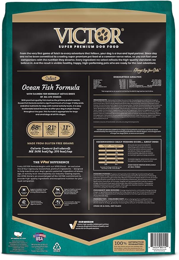VICTOR Super Premium Dog Food – Select Ocean Fish Formula with Salmon – Omega-3 and Omega-6 Enriched Gluten-Free Dry Kibble for All Normally Active Dogs of All Life Stages, 15lbs