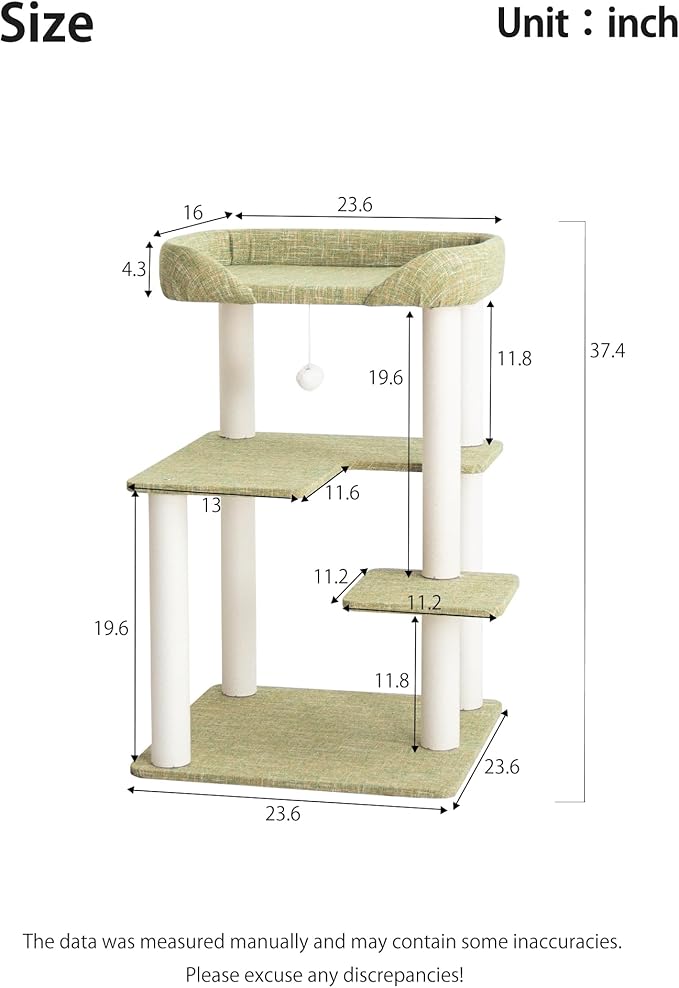 LULUCAT Cat Tree Tower 37.4'' (95 cm) with Scratching Posts,Multi-Level Cat Tree Tower with Wide Shelves for Senior Friendly Baby/Large Cats, Scratching Posts(Olive Green)