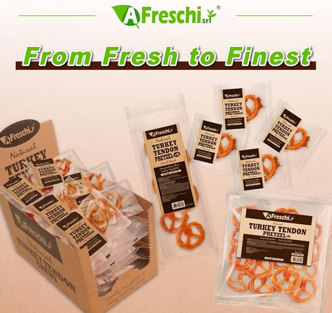 A Freschi srl Turkey Tendons for Dogs, USA-Sourced, Healthy Dog Treats, Rawhide-Free Puppy Chews, Long Lasting, All Natural, Hypoallergenic Dog Treats for Small Breeds, 6 Count Pack Pretzel (S)