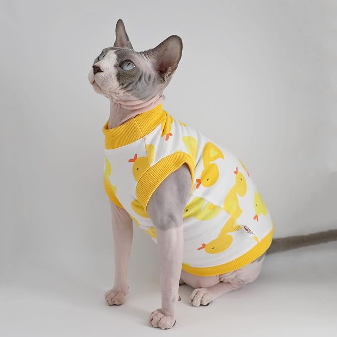 Sphynx Hairless Cat Summer Cotton T-Shirts Cat Vest Pet Clothes,Round Collar Vest Kitten Shirts Sleeveless, Cats & Small Dogs Apparel (X-Large, Yellow Ducks)