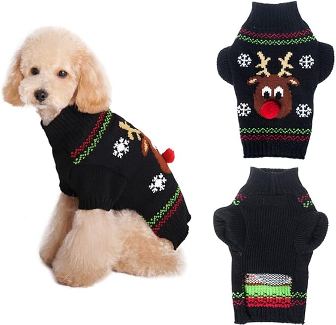 NACOCO Pet Holiday Festive Deer Reindeer Cat & Dog Sweater - Winter Clothing Teddy Poodle Autumn & Winter Clothes - Red Nose, Medium
