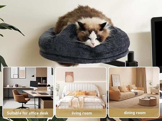 AurnaGle Cat Desk Bed, 360° Rotating & Adjustable & Lock Cats Bed for Desk, Grey Soft with Long Plush Fabric Mat, Modern Indoor Cat Nest Furniture for Office Desks and Game Tables, Island Table