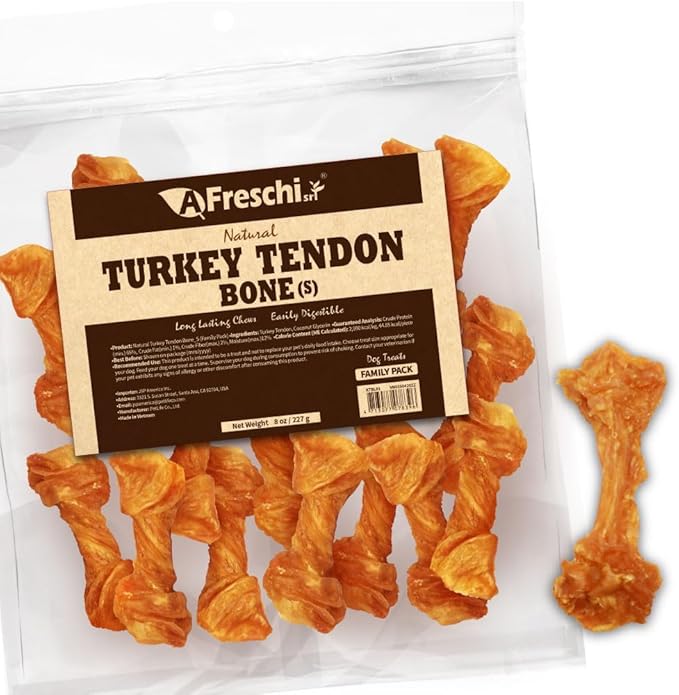 A Freschi srl Turkey Tendons for Dogs, USA-Sourced, Healthy Dog Treats, Rawhide-Free Puppy Chews, Long Lasting, All Natural, Hypoallergenic Dog Treats for Small Breeds, 8 oz Pack Bone (S)