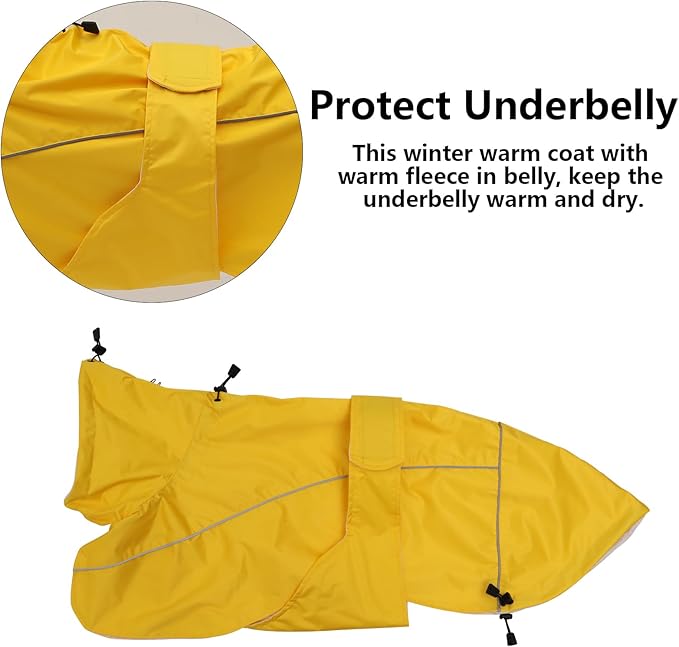 Greyhound Lurcher Raincoat, Whippet Rain Gear with Reflective Bar, Rain/Waterproof, Adjustable Bands and Drawstring in Autumn and Winter - Yellow - XXXL
